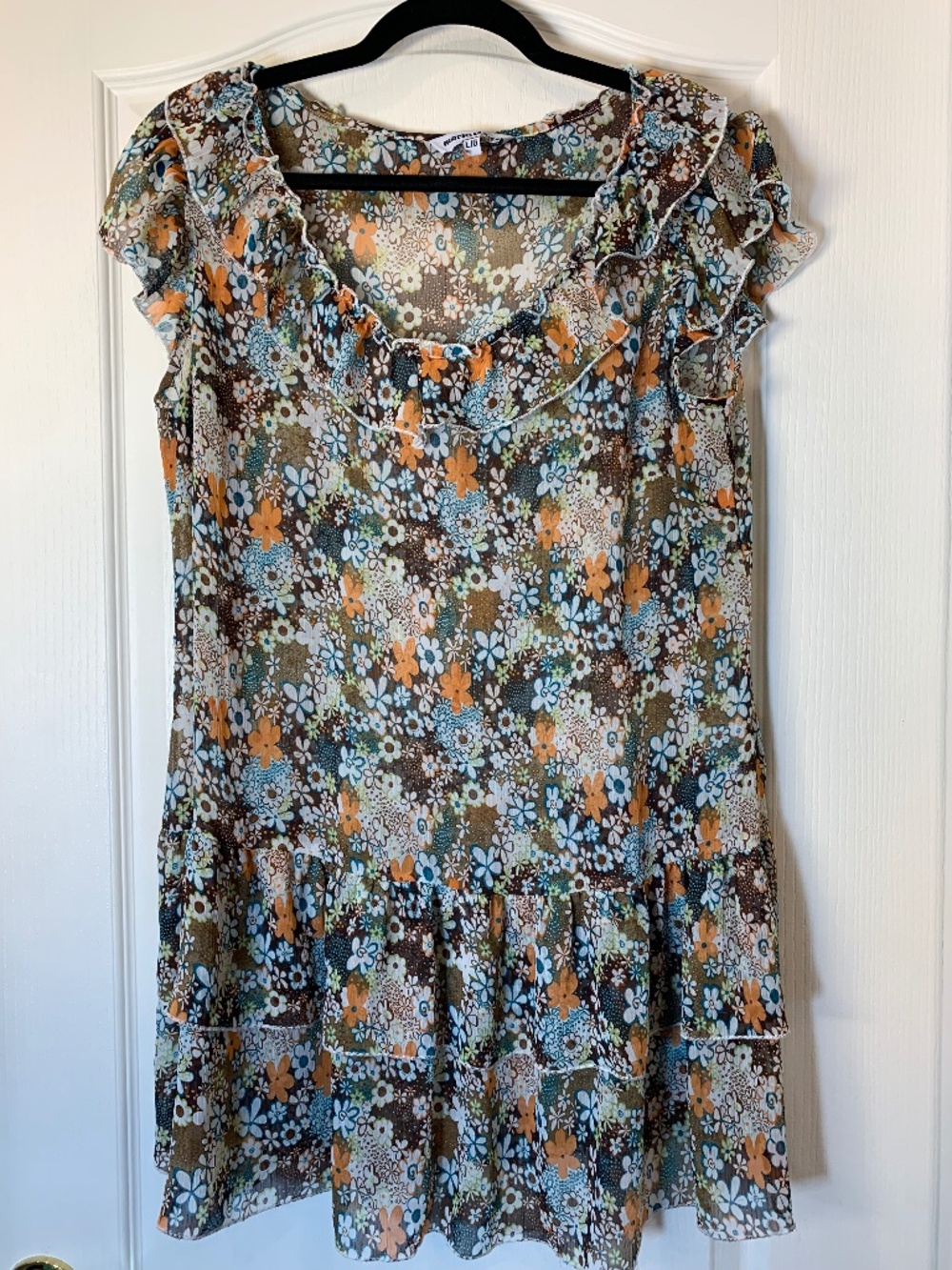 Floral Boho Tunic Top Size Large Sheer Ruffle Blouse Retro Flower Print‎ Flowy